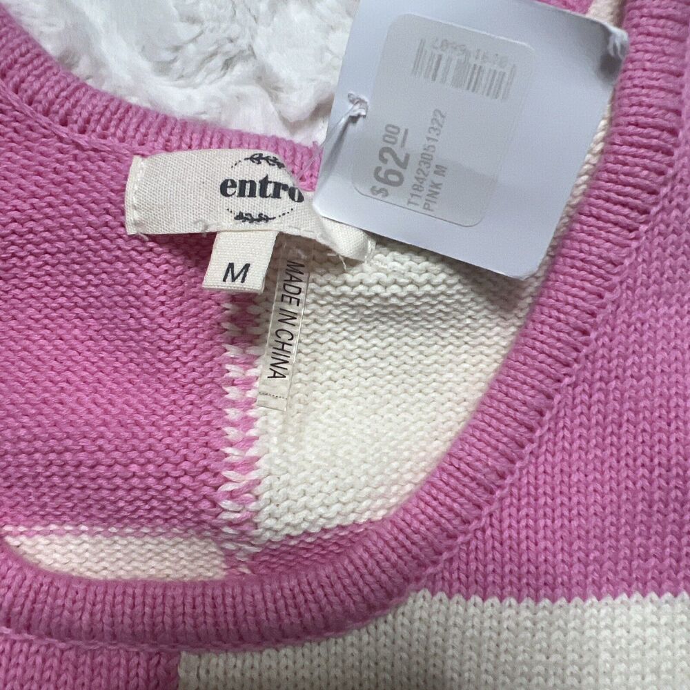 Entro Women's Pink White Crochet Detail Flowers Stretch Knit Top Size M - Picture 3 of 7
